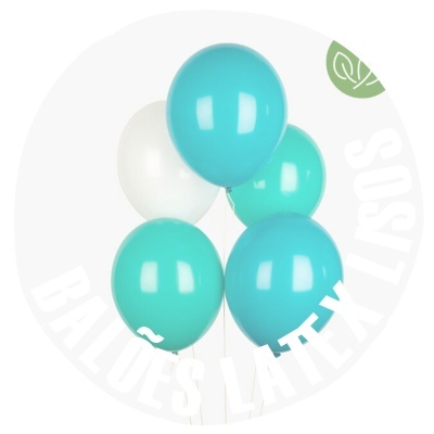 Cinco balões de látex azuis, verde água e branco com brilho