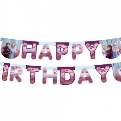 Decoração de festa com letras 'HAPPY BIRTHDAY' e imagens Frozen