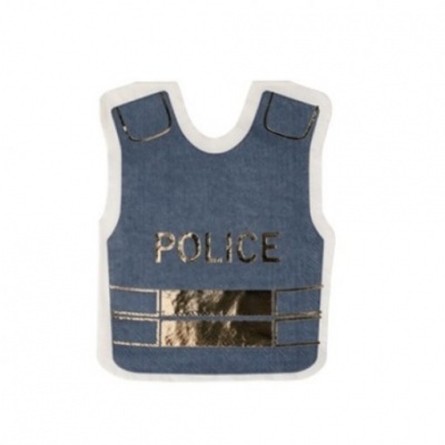 Colete azul com palavra POLICE em dourado