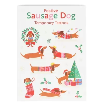 Pacote de tatuagens temporárias com desenhos de cães salsichas festivos