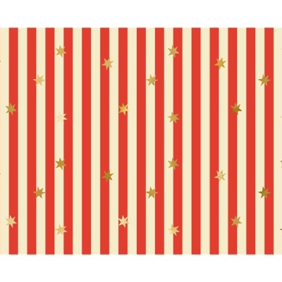 Papel de embrulho com riscas vermelhas e estrelas douradas