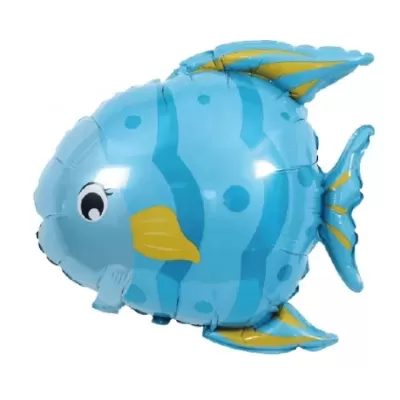 Balão azul em forma de peixe com detalhes amarelos e olhos desenhados