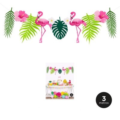 Guirlanda decorativa tropical com flamingos rosa e folhas verdes