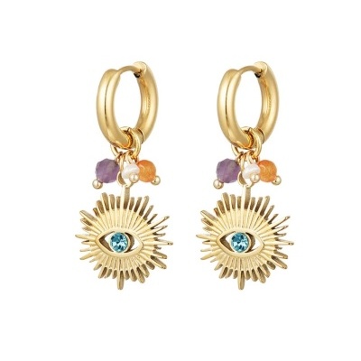 Par de brincos dourados com olho azul e pedras coloridas