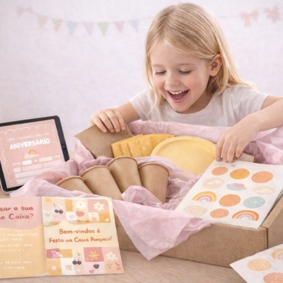 Criança feliz a explorar um kit de festa infantil com copos, pratos, guardanapos e adesivos coloridos junto a um bolo com velas acesas