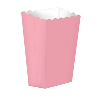 Recipiente em papel rosa para pipocas com interior branco e bordas onduladas