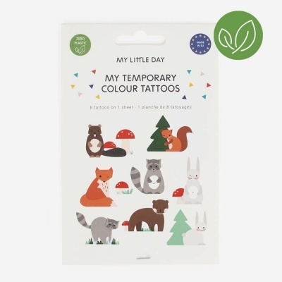 Pack de tatuagens temporárias coloridas com desenhos de animais e cogumelos