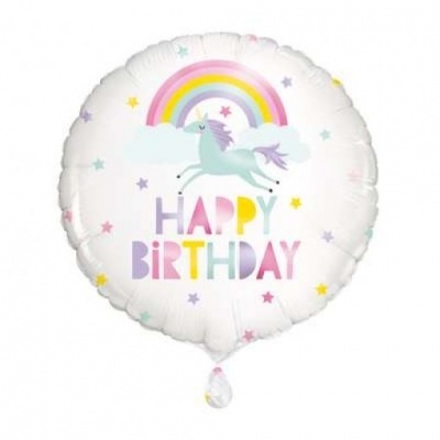 Balão redondo branco com unicórnio, arco-íris, estrelas e texto 'HAPPY BIRTHDAY' colorido.