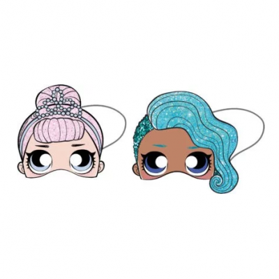 Duas máscaras faciais infantis com desenhos de cabelo colorido e olhos grandes.