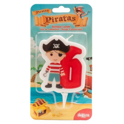 Vela de aniversário pirata e número 6 embalada em cartão colorido temático de piratas