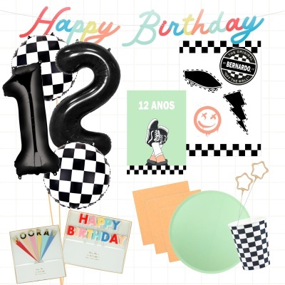 Conjunto de decoração de aniversário com balões, pratos, copos, guardanapos e etiquetas coloridas