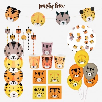 Conjunto Party Box com decoração de animais selvagens coloridos