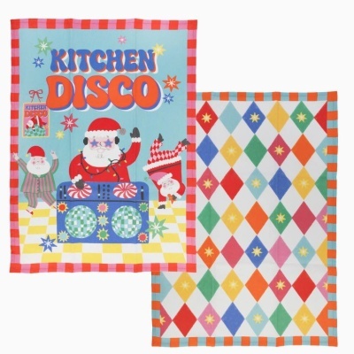 Panos de cozinha coloridos com desenho natalício e padrão de losangos