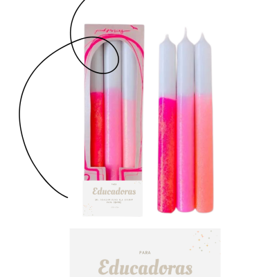 Conjunto de velas decorativas rosa e branco com embalagem texto para educadoras