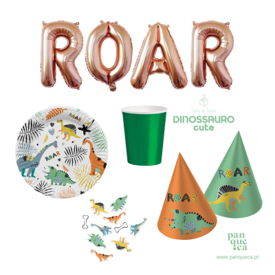 Conjunto de festa infantil com tema de dinossauros e balões letra ROAR