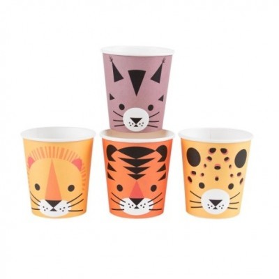 Copos de papel coloridos com desenhos de animais, incluindo leão, tigre, raposa e onça.