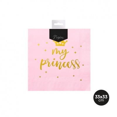 Guardanapo de papel rosa com texto dourado my princess e estrelas