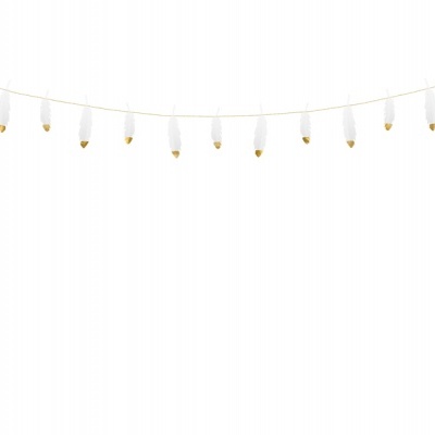 Cordão de luzes decorativas em forma de penas brancas