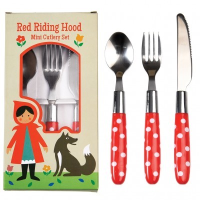 Conjunto mini talheres Red Riding Hood com cabo vermelho e bolinhas brancas ao lado da embalagem ilustrada