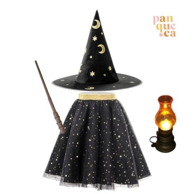 Conjunto de fantasia de feiticeiro com chapéu, saia, varinha e lâmpada de óleo