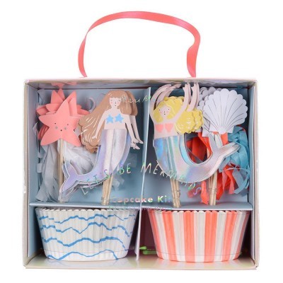 Conjunto de decoração para cupcakes com figuras de sereias e copos de papel