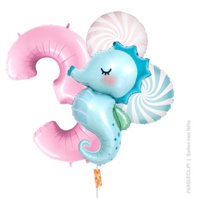 Conjunto de balões de festa com número 3 rosa, cavalo-marinho azul e balões espirais azul e rosa