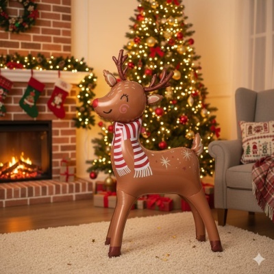 Rena insuflável castanha com cachecol vermelho e branco numa sala de Natal