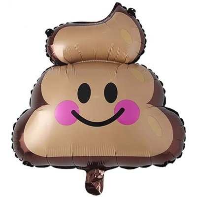Balão metálico formato emoji cocô sorridente castanho com bochechas rosas