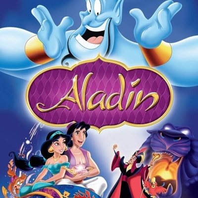 Capa do DVD Disney Aladin com génio azul, Aladin, Jasmine e outros personagens