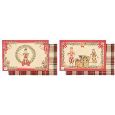 Conjunto de duas mantas de mesa natalícias com padrão xadrez e ilustrações de soldadinhos de chumbo