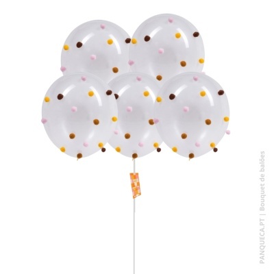 Cinco balões transparentes com pompons coloridos
