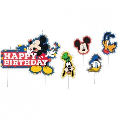Velas de aniversário com personagens Disney e texto 'HAPPY BIRTHDAY'