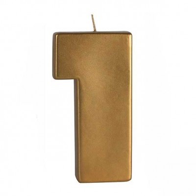 Vela dourada em forma de número 1 sobre fundo branco