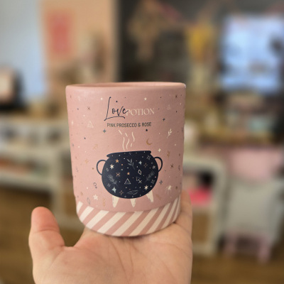 Vaso decorativo cor-de-rosa com símbolos e texto Love Potion