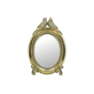 Espelho oval dourado com pássaros decorativos no topo