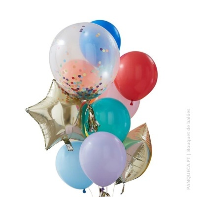 Conjunto de balões coloridos incluindo balão transparente com confetes