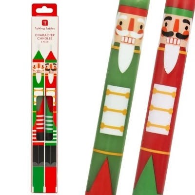 Velas decorativas em formato de soldados do exército vermelho e verde em embalagem branca e vermelha