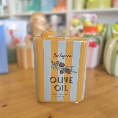 Frasco cerâmico amarelo mostarda com riscas brancas e desenho de oliveiras