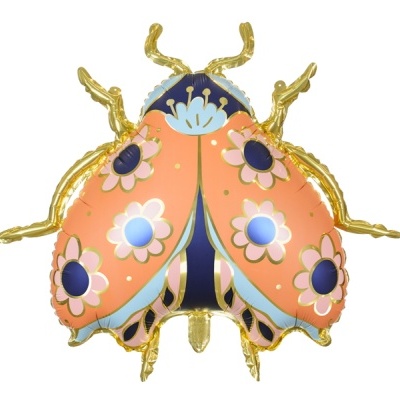 Balão metálico em forma de joaninha com decoração floral e detalhes dourados