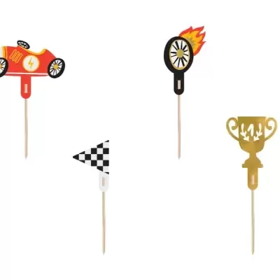 Toppers para bolos com tema de corridas: carro vermelho, roda em chamas, bandeira quadriculada, troféu dourado