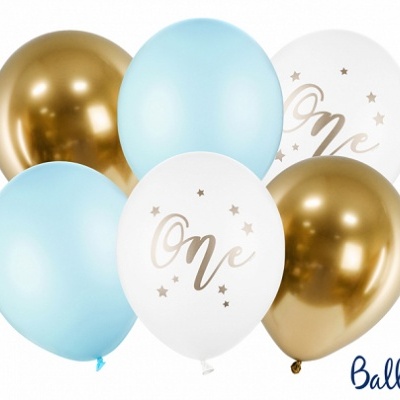 Balões de festa em dourado metálico, azul claro e branco com texto One
