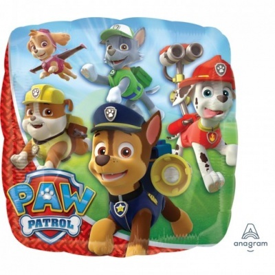 Balão decorativo Paw Patrol com personagens coloridos em fundo azul e verde