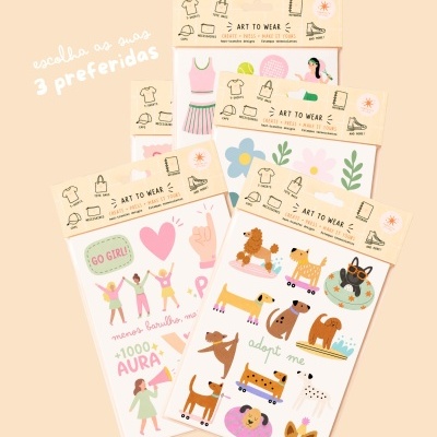 Folhas de estampas termocolantes coloridas com desenhos de cães, flores, roupa desportiva, em embalagem com cabeçalho bege texto ART TO WEAR