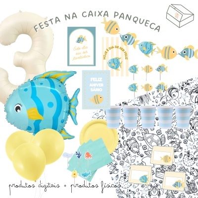 Decoração festa infantil com tema peixes e cores azul e amarelo