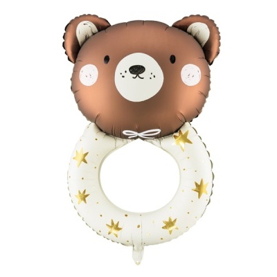 Balão branco com cabeça de urso castanho e estrelas douradas, material brilhante