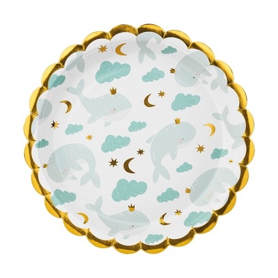 Prato de papel decorado com narvais e borda dourada