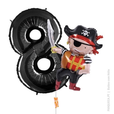 Balão número 8 preto com balão de pirata foil