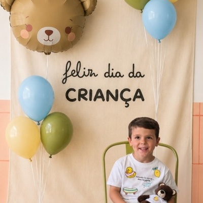 Festa infantil com balões coloridos, painel com texto feliz dia da CRIANÇA e criança com ursinho de peluche.