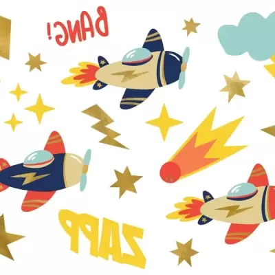 Ilustração de três aviões de brinquedo com estrelas, nuvens, relâmpago e palavras BANG! e ZAPP