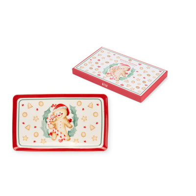 Conjunto de prato retangular decorativo e caixa com padrão festivo de biscoito homem-de-ginga.